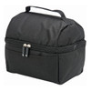 A black lunch bag with a zip closure, featuring a top handle and an external pocket. It has a simple logo.