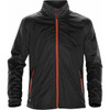 A men's jacket in black with orange accents, featuring a zip front and side pockets, and a branded logo.