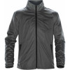 A men's grey jacket with a zip front, standing collar, and side pockets. It features a branding logo.