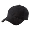 A black cap with a rounded peak and a subtle under-brim detail. It has a branding logo on it.