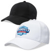 A black and a white cap with a logo, featuring a structured design and curved brims.