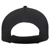 A black Ottoman cap featuring a flat brim and an adjustable strap at the back, with a logo present.