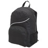 A black backpack with a zippered main compartment, front pocket, and side mesh pocket, featuring a subtle white design.