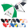 A collection of various umbrellas in multiple colours, including green, black, white, and orange, featuring logos.
