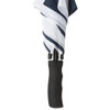 A navy and white striped umbrella with a black handle and grip, featuring a logo on the handle.