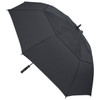 A black umbrella with a straight handle and a simple design. It features a logo on the handle.