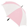 A pink and white umbrella with a black handle, featuring a logo on the canopy.