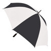 A black and white striped umbrella with a curved handle and a branding logo.