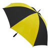 A black and yellow striped umbrella with a curved handle, featuring a logo on the handle.