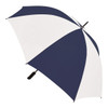 A navy blue and white striped umbrella with a black handle and a logo on the canopy.