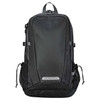 A sleek black backpack with mesh side pockets and a branding logo. Features multiple zippered compartments.