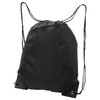 A black drawstring bag with a zippered pocket and two adjustable cord straps. It features a logo.