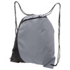 A grey and black drawstring bag with a front zip pocket and adjustable straps. It features a logo.