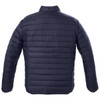 A navy puffer jacket featuring a quilted design and a simple, minimalistic style, with a logo on the back.