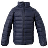 A navy blue puffer jacket featuring a zippered front and quilted design, with a high collar and long sleeves.