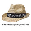 A straw fedora hat featuring a decorative black band with summer-themed designs.