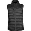 A black thermal vest features a zip front, high collar, and padded design, with a logo on the side.