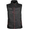 A black thermal vest with a zip front and red accents, featuring a stand-up collar and multiple pockets.