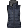 A dark navy women's thermal vest featuring a hood, zippered front, and side pockets. It has a smooth, shiny finish and includes a logo.