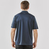 A navy blue men's polo shirt with short sleeves and a collar, featuring a logo on one side.