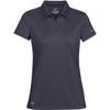 A women's polo shirt in dark grey with a collar and a logo on the hem.