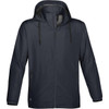 A dark navy rain jacket featuring a hood and zippered pockets, with a logo on the lower front.