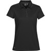 A women's black polo shirt featuring a collar, short sleeves, and a logo on the chest.