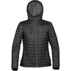 A women's black thermal puffer jacket with a hood and zippered pockets, featuring a brand logo.