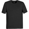 A black short-sleeve men's T-shirt featuring a round neckline and a logo on the bottom hem.