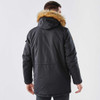 A black men's explorer parka with a faux fur-lined hood, featuring a logo on the sleeve.