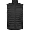 A black thermal vest with a zip-up front and padded design, featuring side pockets and a collar.