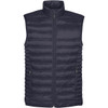 A dark navy thermal vest featuring a zip closure and a stand collar, with a branded logo.
