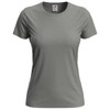 A women's classic T-shirt in a muted green colour, featuring a round neckline and short sleeves. It has a small logo.