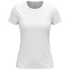 A white women's classic t-shirt with short sleeves and a round neckline, featuring a logo.