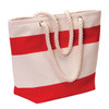 A tote bag in cream canvas with bold red stripes and rope handles. It features a logo.