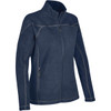A navy-blue women's fleece jacket featuring a zip front and side pockets, with contrasting stitching details and a logo.