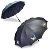 A black umbrella with a checkered pattern and a logo, featuring a curved handle and a sturdy frame.