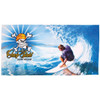 A custom sublimation beach towel featuring a vibrant surf design with blue waves and a logo.