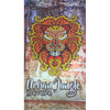 A vibrant custom sublimation beach towel featuring a colourful lion face design with intricate patterns.