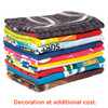 A stack of vibrant, custom sublimation beach towels in various colours, featuring different designs and patterns.