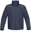 A navy rain jacket featuring a high collar and two zippered pockets, with a logo on the front.
