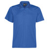 A blue men's polo shirt featuring a classic collar and a logo on the label.