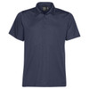 A navy polo shirt with a classic collar and three buttons, featuring a logo on the chest area.