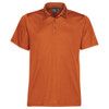 An orange polo shirt with a classic collar and a logo on the chest, featuring short sleeves and a relaxed fit.