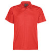 A red men's polo shirt with a classic collar and three-button placket. It features a logo on the label.
