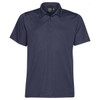 A navy blue men's polo shirt with a collar and buttons, featuring a logo on the chest.
