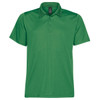 A green men's polo shirt with a classic collar, featuring a branding logo on the chest.