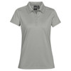 A light grey women's polo shirt with a collar and a logo on the label. Short sleeves and a fitted design.
