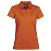 An orange women's polo shirt featuring a collar and a logo on the upper left.