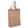 A reusable grocery bag in a natural brown colour with white handles. The bag has a simple design and a fabric texture.